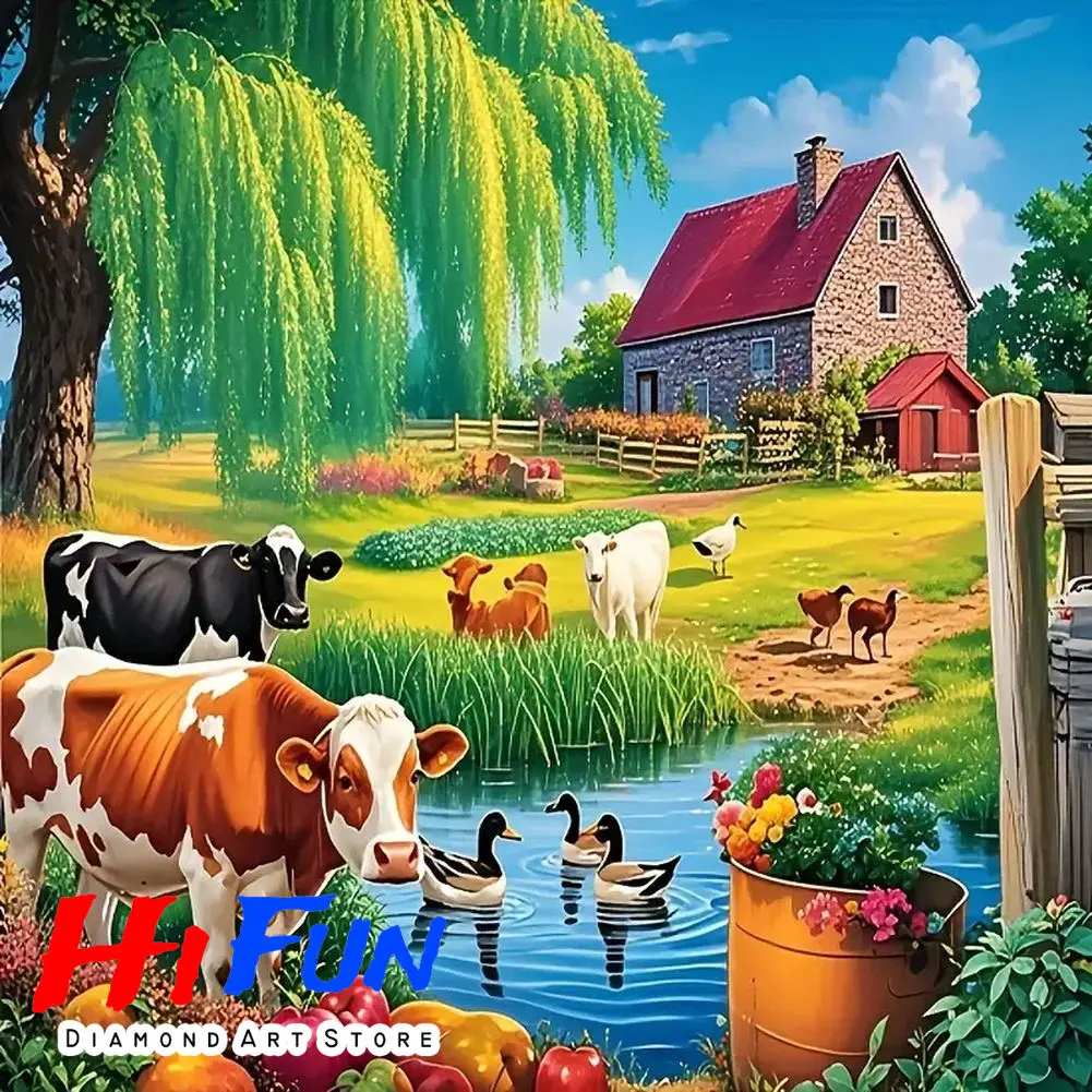 

DIY Rustic Farm Scene Diamond Mosaic Vintage Barn Cows Chickens Ducks Landscape New Arrival Embroidery Painting Decor for Home