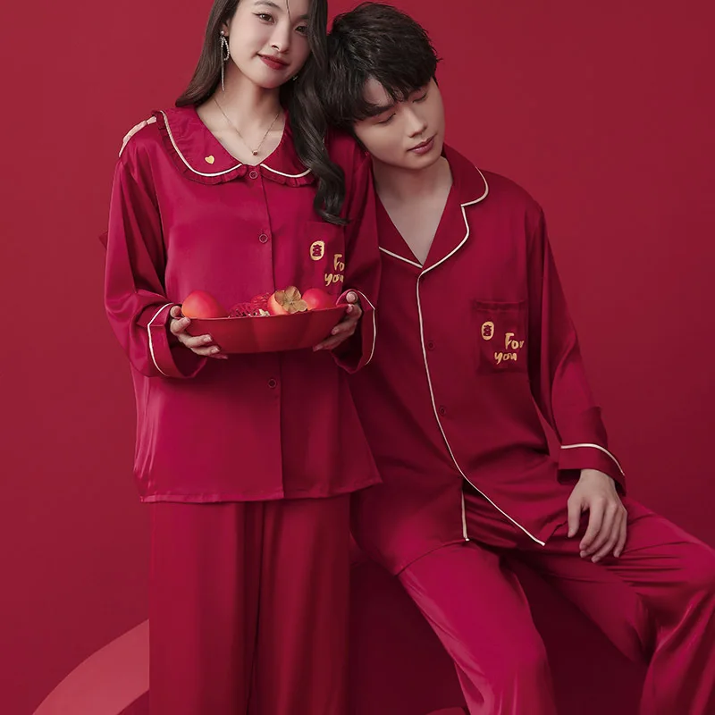 Couple Pajamas for Men and Women, Red Wedding Sleepwear, Turn-Down Collars, Long Sleeve Pants, Pyjama Sets, Nightwear Suit