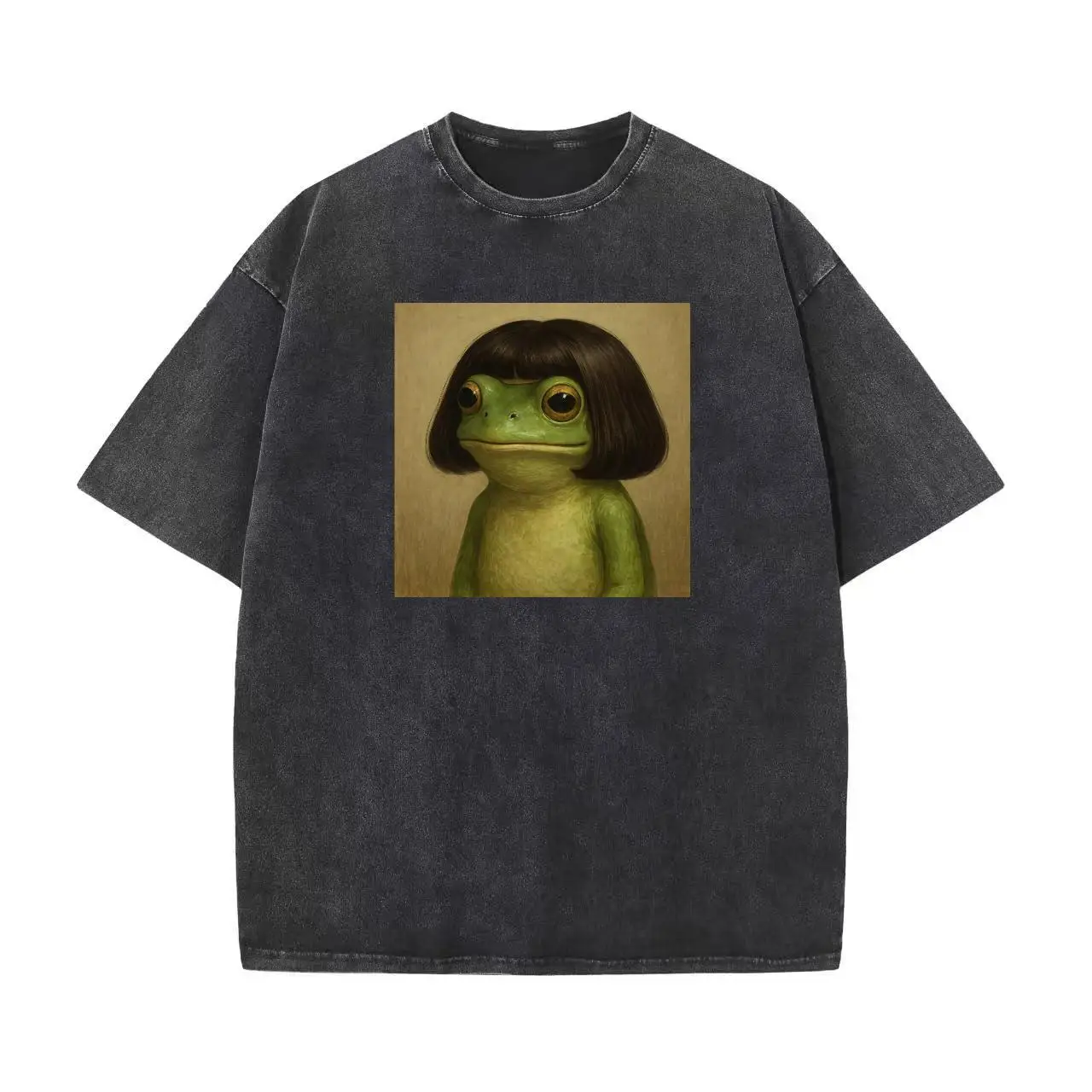 

Funny Frog with Bob Haircut Graphic Tee Oversized Washed Vintage Grunge Unisex Streetwear Loose Fit Top