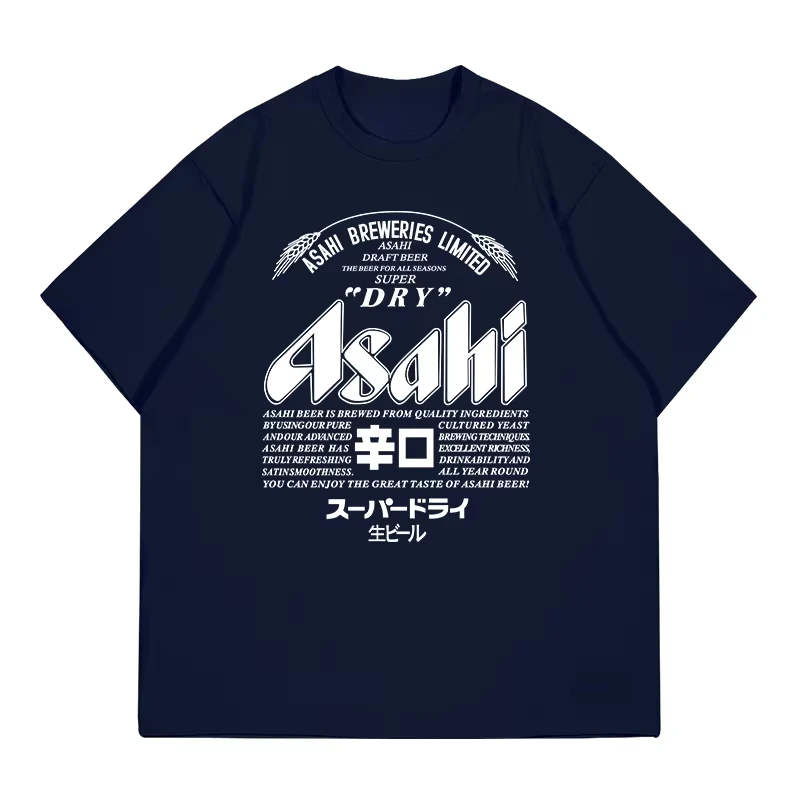 Nuevo modelo japonés Asahi cerveza camiseta verano hombres y mujeres ropa sin género con Retro americano suelto pantalón corto Casual ropa de manga