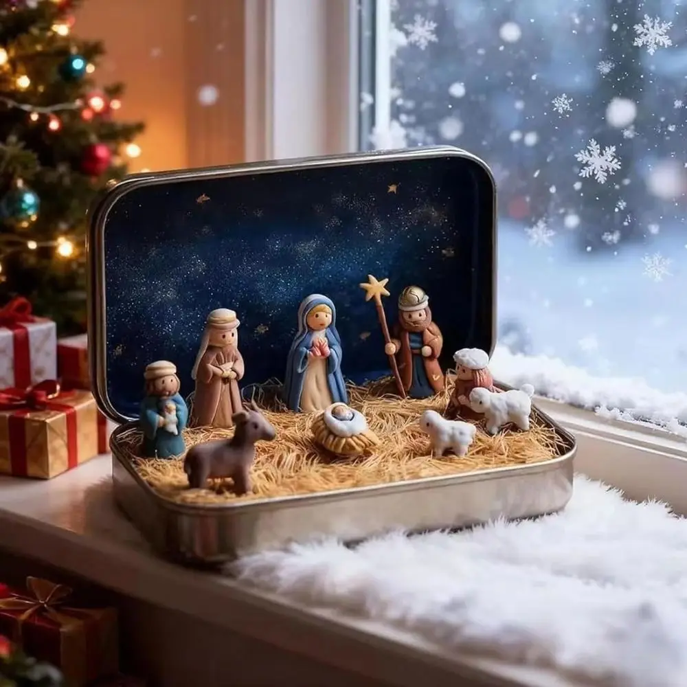 PVC Christmas Nativity Set Mini Size Tin Box Packaging Nativity Figurine Set Horse Trough Design Christmas Scene Figurine