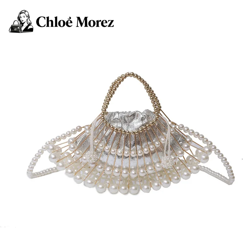 حقيبة يد كلاسيكية للولائم، حقيبة كروس صغيرة ذات طيات من اللؤلؤ بسلسلة مائلة مجوفة للنساء #1