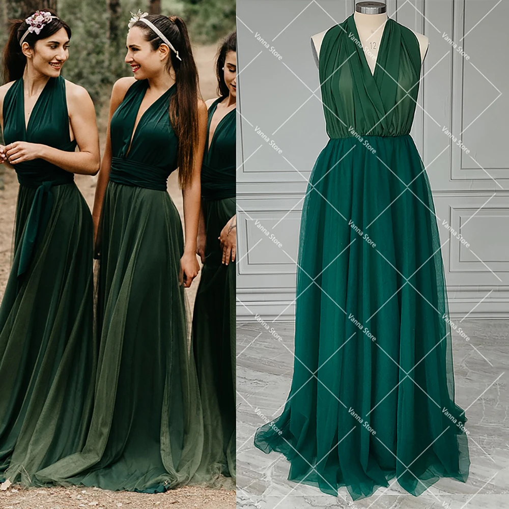 Sexy Deep V Neck Convertible Bridesmaid Dress, A Line Backless, Fotos Reais, Tule Dama de Honra, Casamento, Custom Made