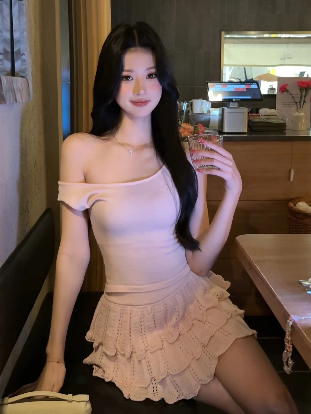 

Pink Off-Shoulder Puffy Skirt Two-Piece Set Women's Summer Fashion Sweet Style Korean Shoulder-Line Clothing High Waist Skirt