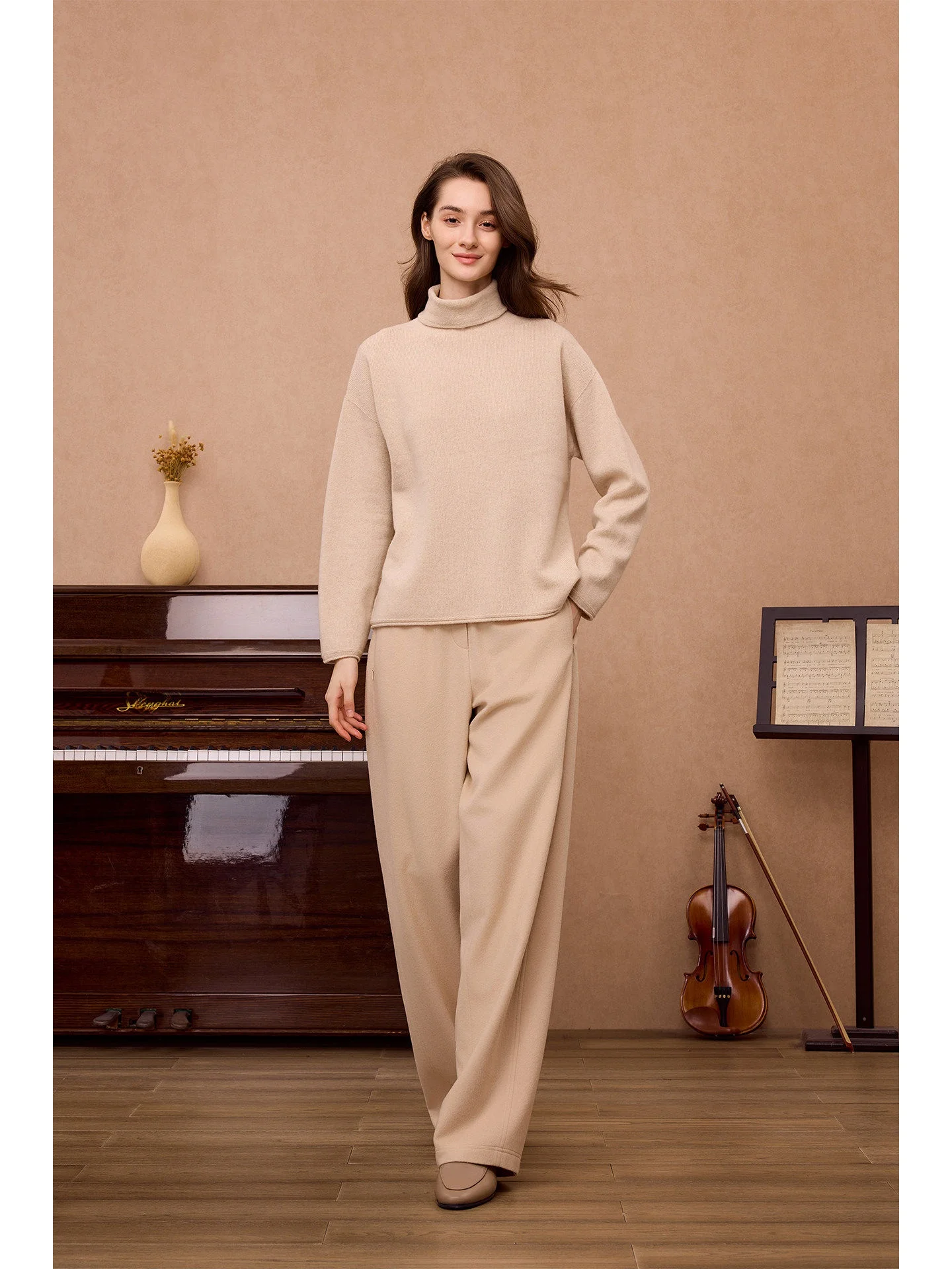 

RIZOUZH High-Ne Wool And Camere Blend Knitted Sweater Women's Simple Casual Sle Commute Faion Long Sve Top