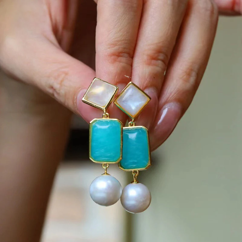 Natural Amazonite Moonstone  Pearl Earrings Sterling 925 Silver Flesh Water Pearl for Women Birthday Trendy Jewelry Wholesale