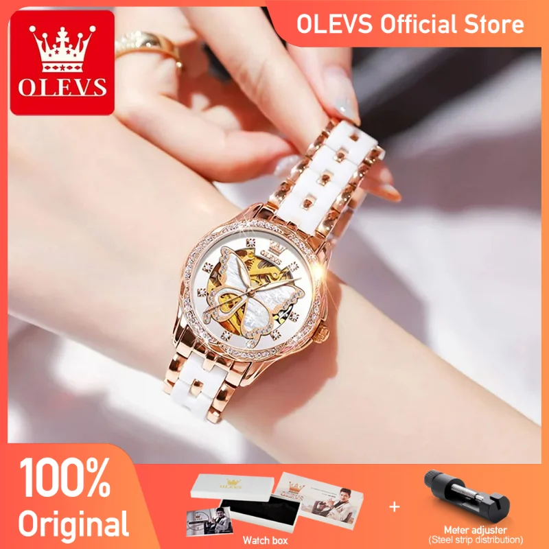 OLEVS Top Brand Mechanical Women Watch Fashion Switzerland Luxury Brand Ladies Wrist Watch Automatic Leather Strap Gift