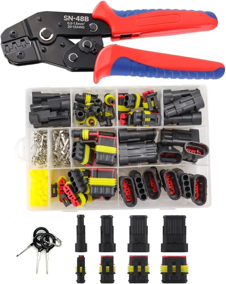 

26 Sets 355Pcs Automotive Waterproof Wire Connectors with SN-48B Crimping Tool Male/Female 1/2/3/4/ Pin for Cars Motorcycles & B