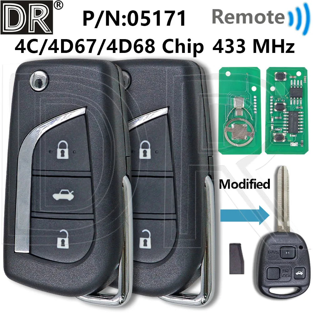 Superbe clé de voiture télécommandée modifiée 433 MHz 4C/4D67/4D68 Chip 50171 pour Toyota Tarago Land Previa FJ Cruiser Prado RAV4 Kluger