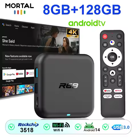 Mortal Android TV Box Android 14 4K HDR 10 Wifi 6 Voice Remote 8GB Ram 128GB Rom RK3518 Media Player R69-1 Video Set Top Box