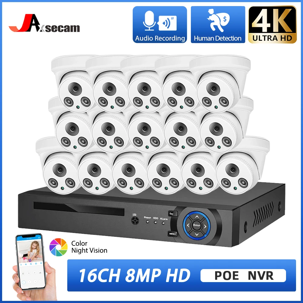 H.265 16CH 4K NVR Kit 8MP Color Night Vision Dome Security Camera System Audio POE IP Camera Video Surveillance CCTV Camera Set