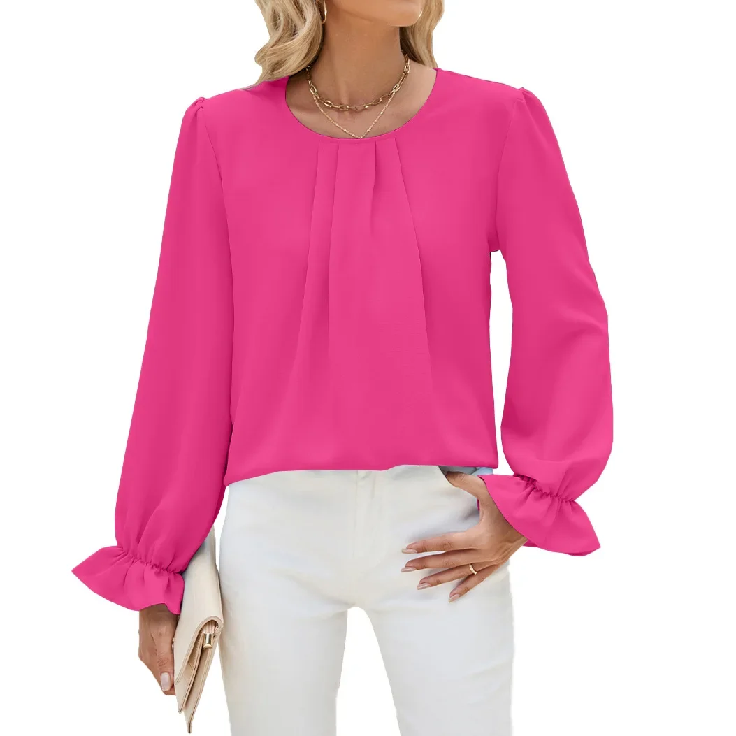 Autumn and Winter Casual Solid Color Round Neck Loose Long-sleeved Chiffon Top Bottoming Shirt