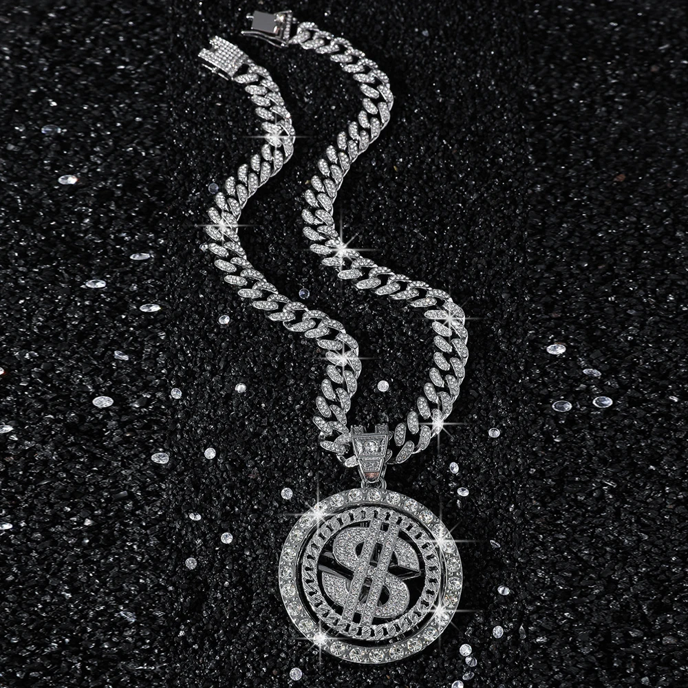 Men Hip Hop Big Rotatable US Dollar Money Sign Pendant Necklace 13mm Iced out Cuban Chain Choker Necklace Rap Rock Charm Jewelry