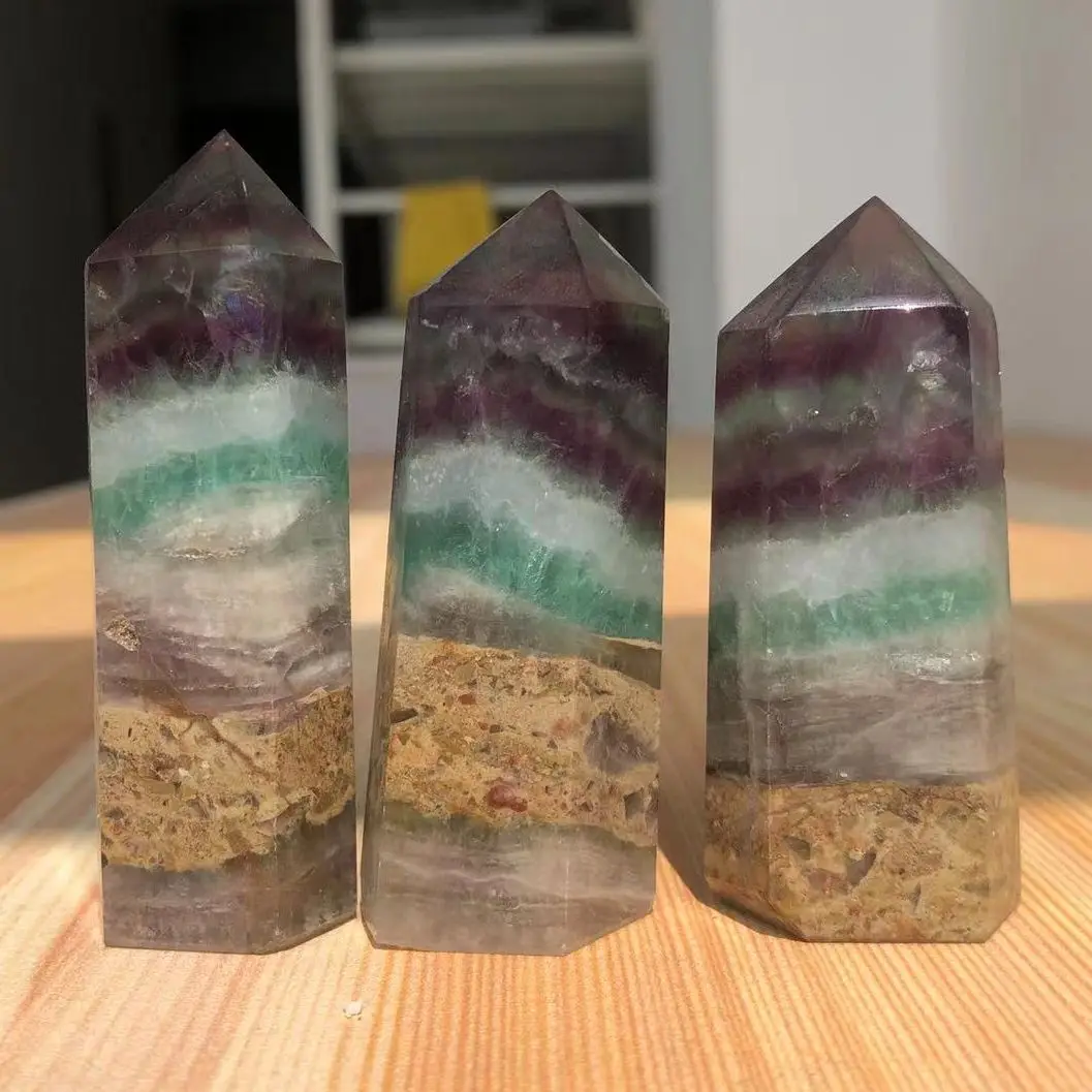 

50-70mm Natural Crystal Fluorite Exquisite Point Six Sides Colored Stripes Reiki Healing Ornament