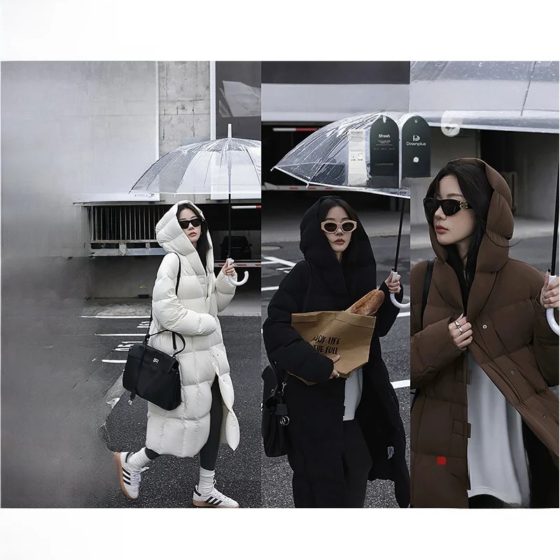 

Женская длинная пуховая куртка с капюшоном, 90% белый пух, ветрозащитная, теплая, из полиэстеровой ткани, для повседневной носки, в корейском стиле