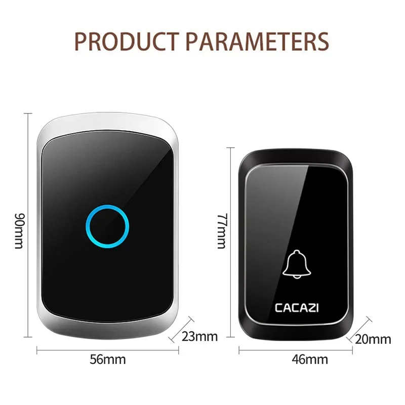 CACAZI Wireless Doorbell 300 Meters Long Distance LED Flashing 60 Songs 5 Level Volumes Battery Powered Waterproof  Smart Home