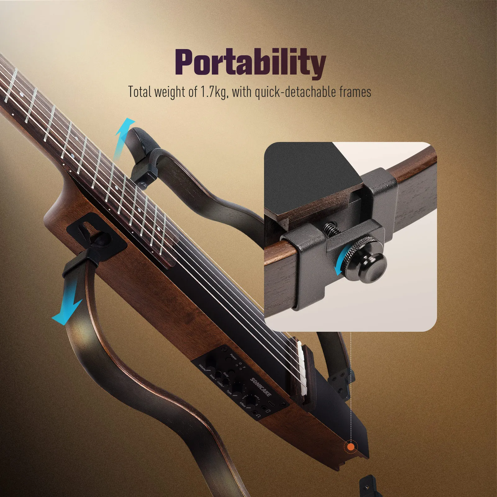 SONICAKE البرازيل الصامت الصوتية الكهربائية السفر الغيتار الصلبة الماهوجني الجسم الجمعية إطارات قابلة للشحن حقيبة جيتار جميع الملحقات #5