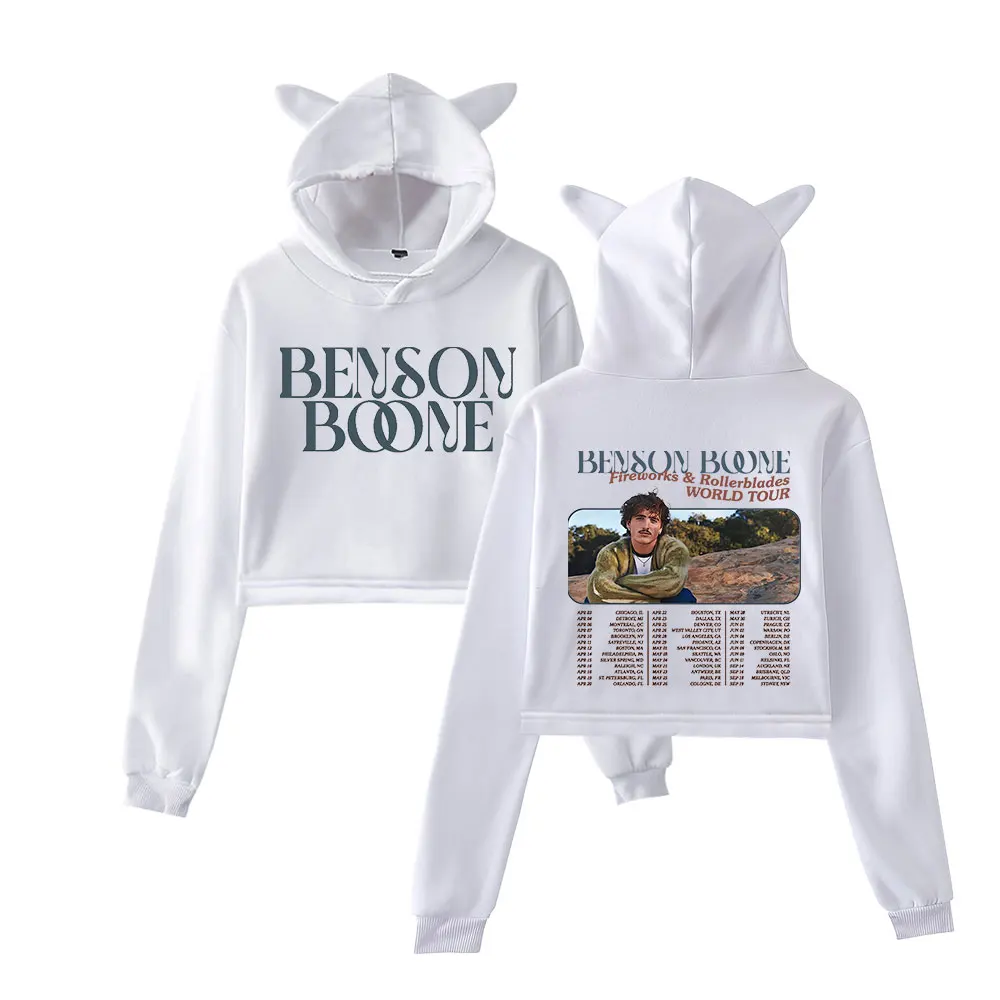 Benson Boone Fireworks and Rollerblades World Tour Cat Ear Hoodie Women Long Sleeve Sweatshirt Casual Streetwear Crop Tops