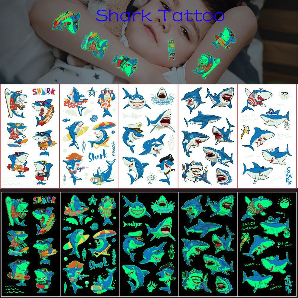 10 Sheets Cute Ocean Shark Theme Luminous Temporary Tattoo Body Face Stickers Toys for Kids Birthday Party Favors Pinata Fillers