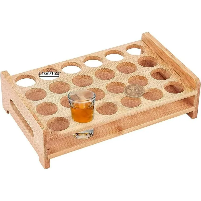 

24 Shot Glass Tray Holder Hole: 1.22" Bar Bamboo Shot Holder Wine Glass Cup Serving Tray Cups Organizer Shot