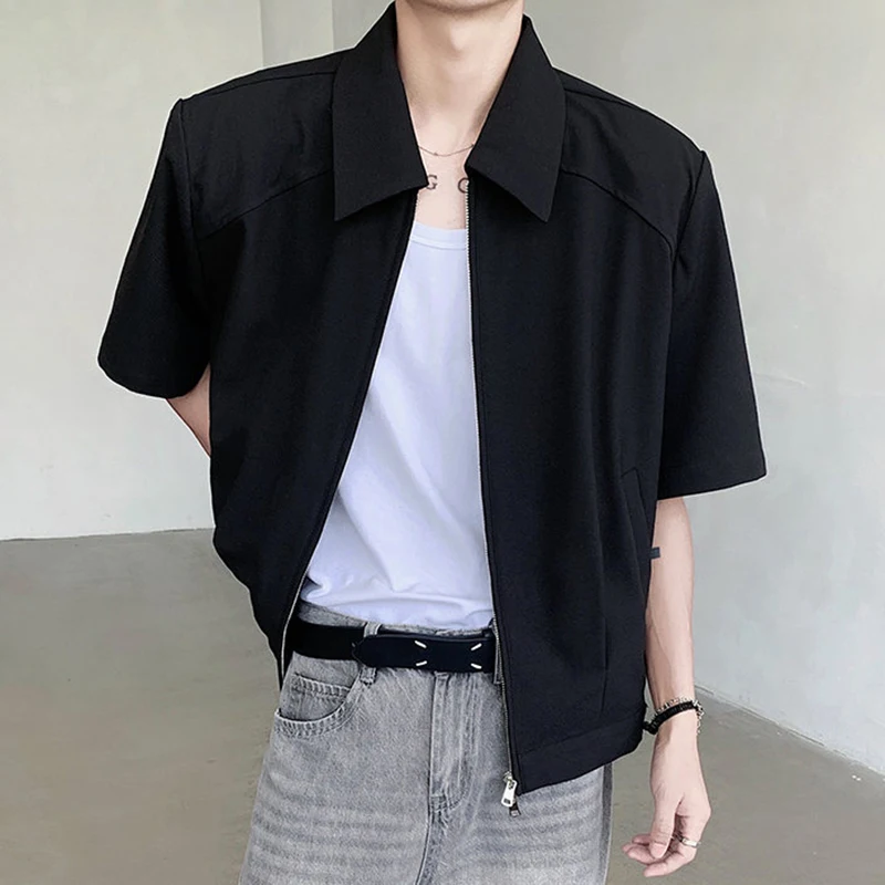 IEFB 2024 Summer Men\'s Jacket Simple Handsome Short Sleeve Coat Double Zipper Design Lapel Fashion Solid Color Male Top 9C5896