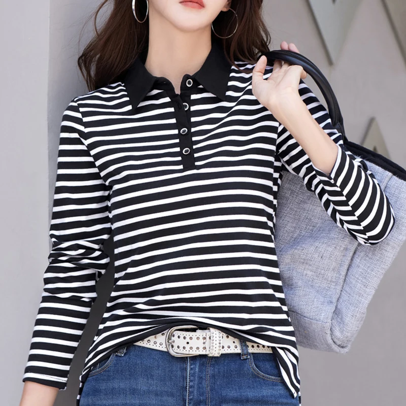 Primavera autunno vestiti bottone Tee Shirt Femme colletto rovesciato T Shirt donna manica lunga cotone magliette Casual allentate femminili