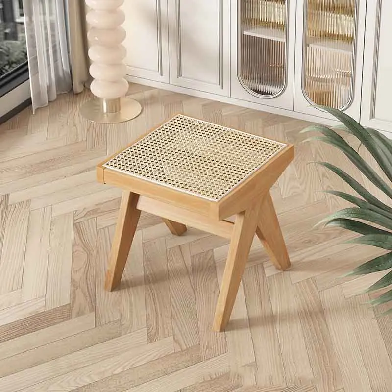 Modern home living room solid wood frame rattan small stool dining chair with long strip shoe changing stool