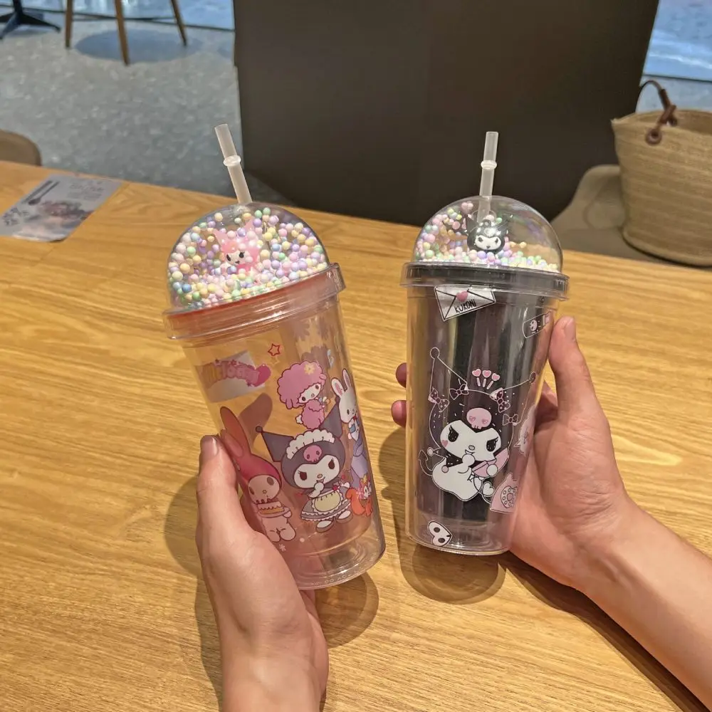 450ML Sanrio Anime Kuromi Melody Plastic Water Cup Double-Layer Plastic Cup Portable Sport Mug Straw Crushed Ice Cup Girl Gift