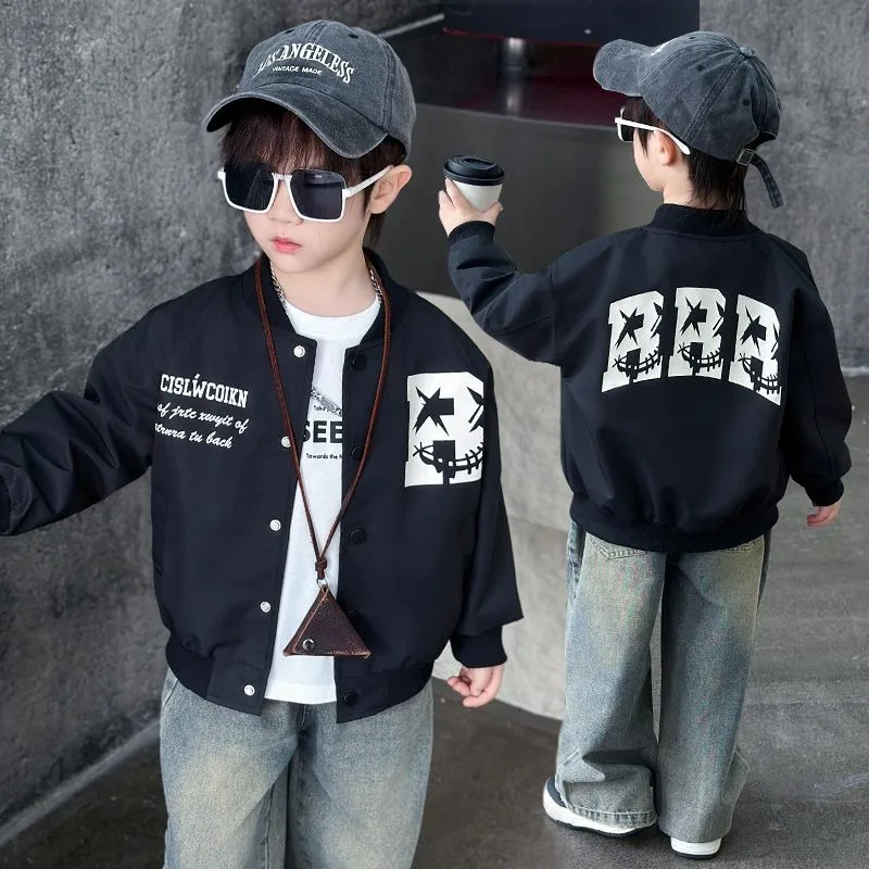 2025 New Boys Baseball Jacket Spring Autumn Badass Streetwear Kids Sporty Jacket