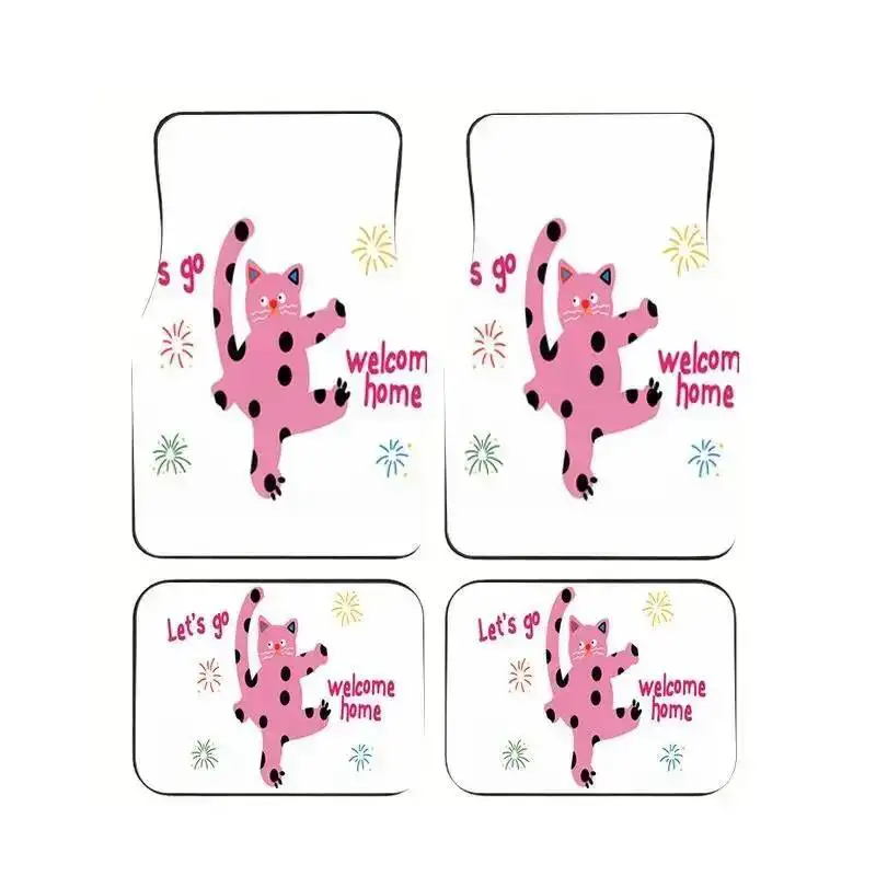 

4Pcs Pink Polka Dot Cat Print Car Floor Mats Non-Slip Waterproof Universal Foot Pads For Car Accessories Suit Sedan SUV Truck