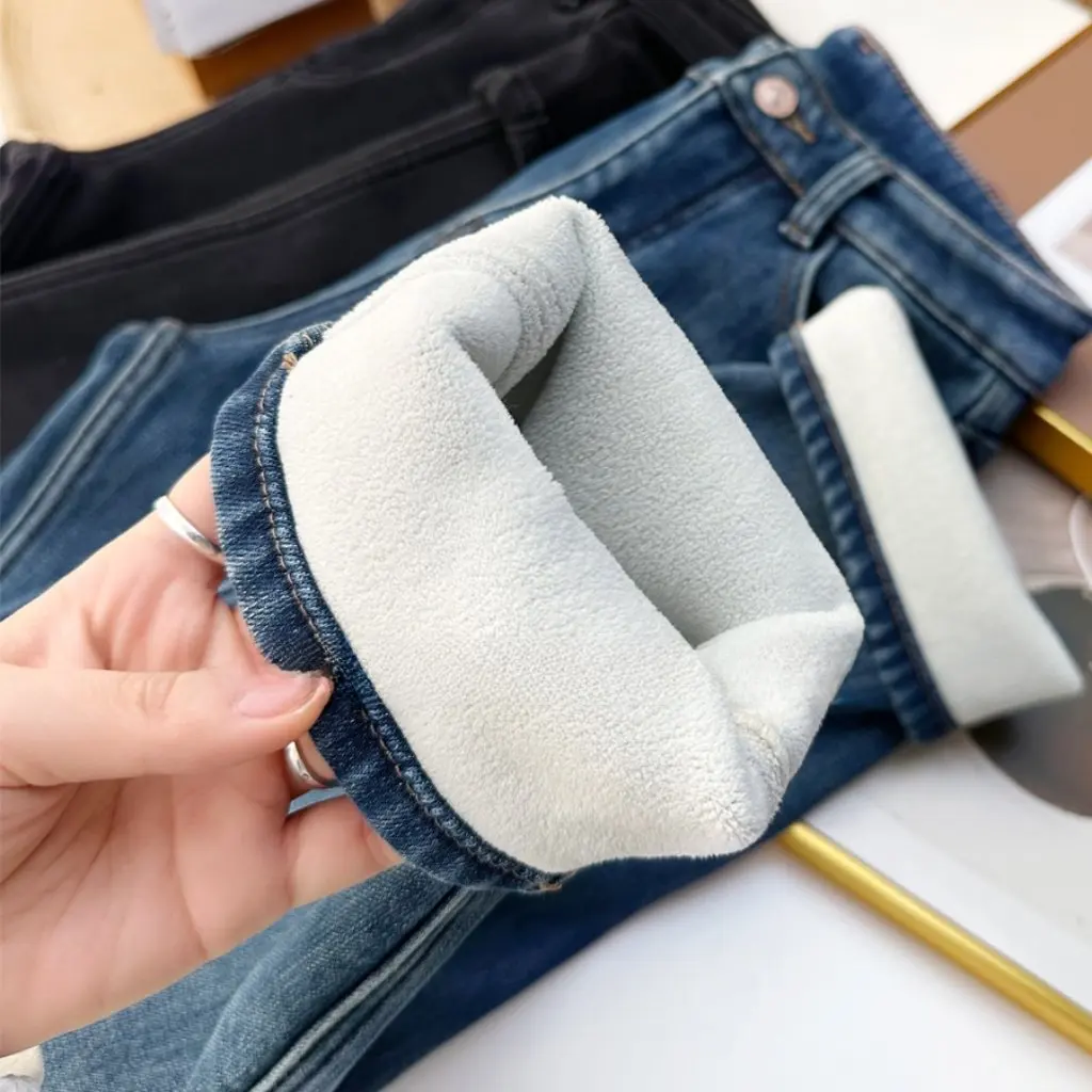 

Бархатные джинсы Ollie на флисовой подкладке, мягкие брюки-дудочки с девятью точками, теплые роскошные зимние новые женские джинсовые брюки King Fried