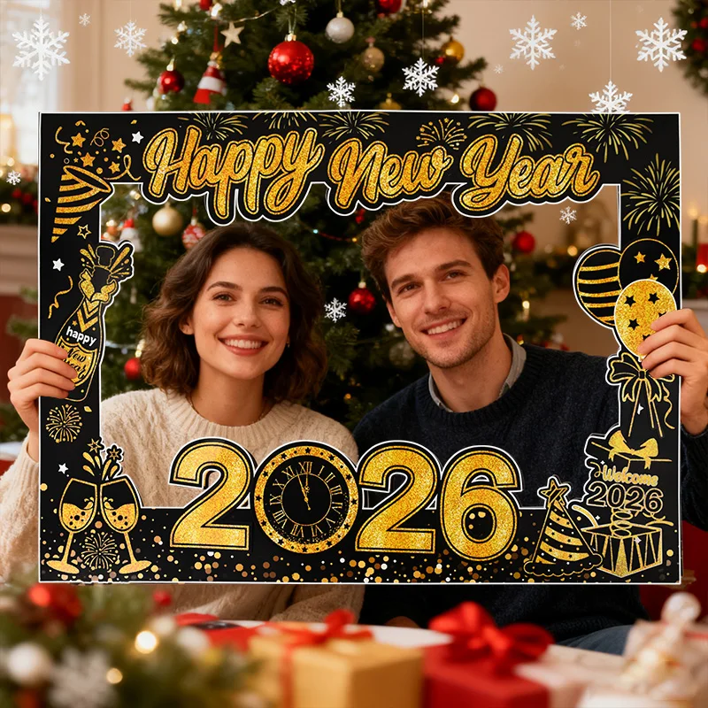Accesorios para marco de fotomatón de Feliz Año Nuevo, gafas de papel divertidas, globos de látex de oro negro, suministros de decoración para fiesta de Nochevieja, 2026