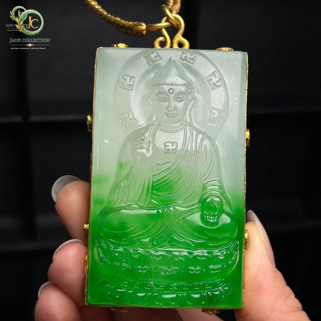 Certified Nature inlay ice Green jade Jadeite Carved Buddha Pendant&Necklace