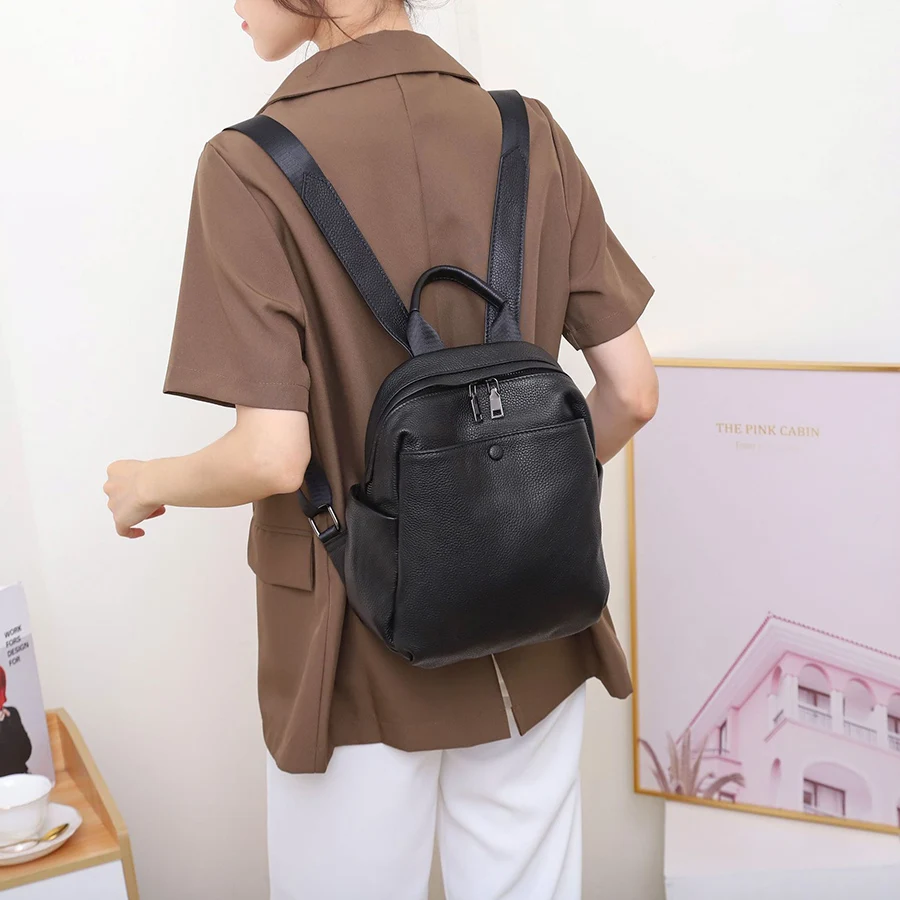 Fashion Soft Real Cowhide Backpack Women/Men Multi Zip Pockets Solid Color Daily Casual College Spacious Knapsack Travel Mochila