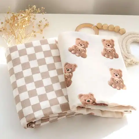 테디 베어 모슬린 Swaddle 아기 담요 슈퍼 소프트 70% 대나무 30% 유기농 면 2 레이어 유아 아기 Swaddle 랩 담요
