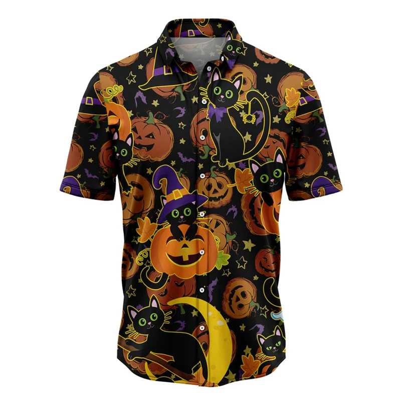 

Funny Black Cat Pattern Hawaiian Shirts Summer Casual Beach Vacation 3D Printed Cat Lover Shirt Loose Breathable Lapel Blouse