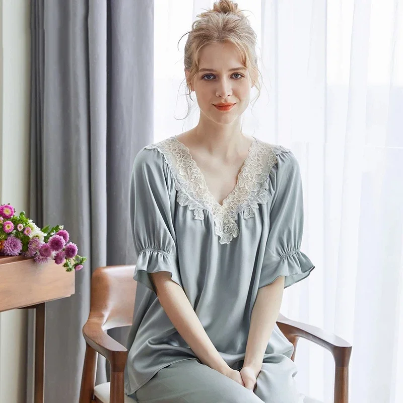 

Women's Heavyweight Silk Loungewear Set Summer Sexy Lace Trim 100% Mulberry Silk Loose T-Shirt & Pants Two Piece Pajamas Outfit