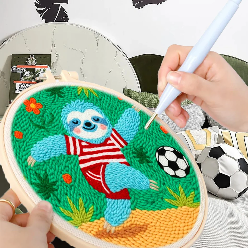 

GATYZTORY embroidery punch needle kit Knit Embroidery frame 20x20cm Tufting Sewing Animal football field Yarn Picture Wall art