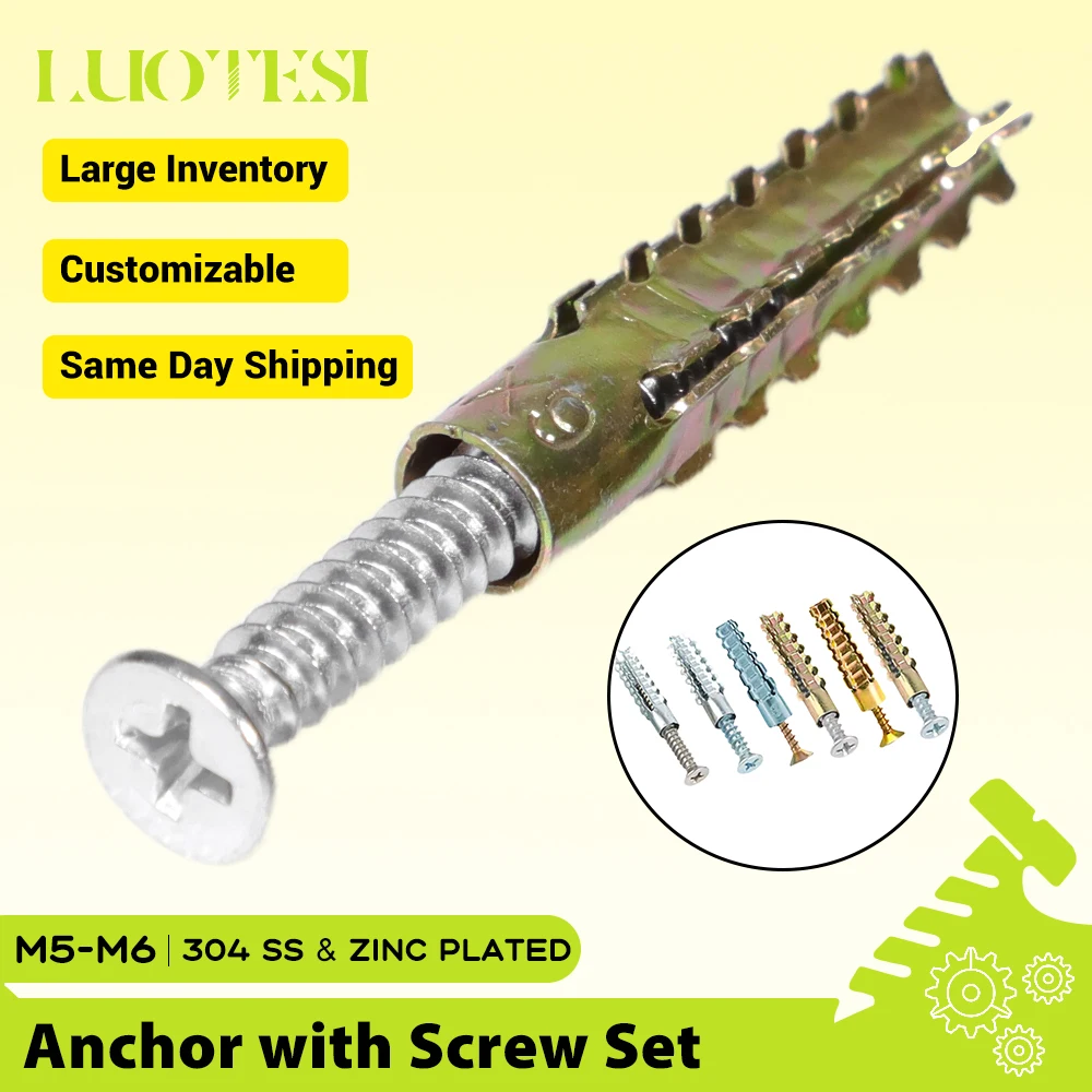 10sets/bag Heavy Duty Steel Tree Shape Drywall Anchors with Screws M5 M6 M8 M10 Serrated Metal Tube Expansion Self Tapping Screw