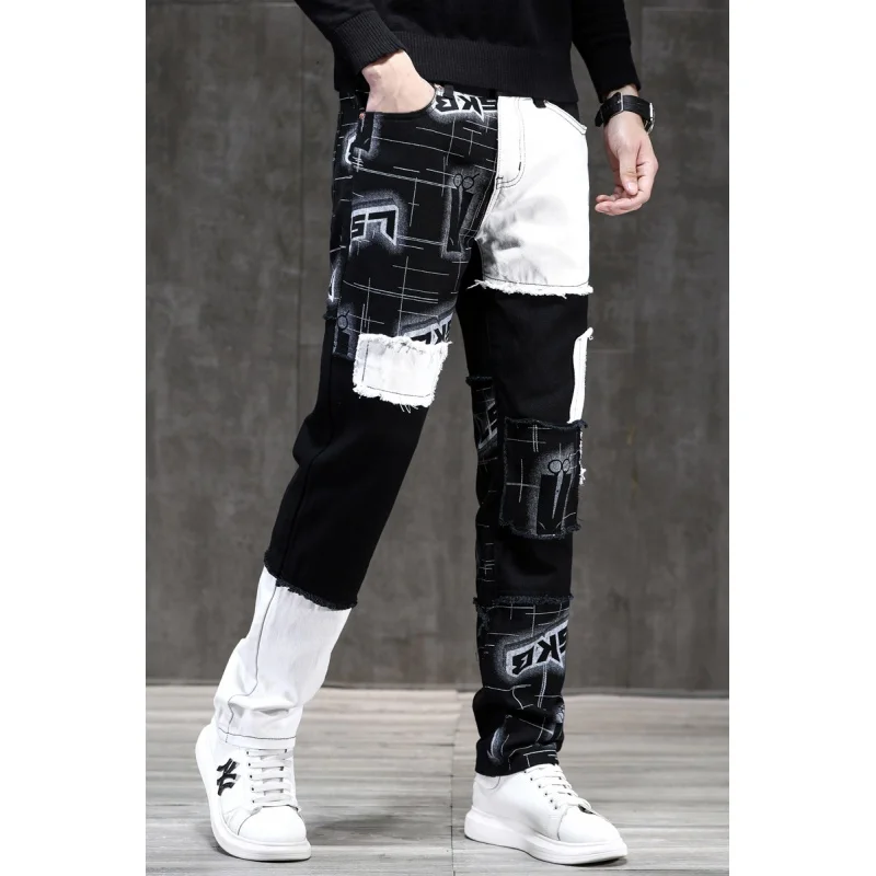 Black and White Contrast Color Printed Stitching Jeans Men2024New Slim Fit Small Straight Personality Motorcycle Trousers