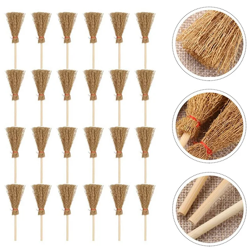 ABXE-80Pcs Miniature Artificial Mini Straw Brooms With Red Ropes Halloween Straw Dollhouse Decoration Witches Party Decor
