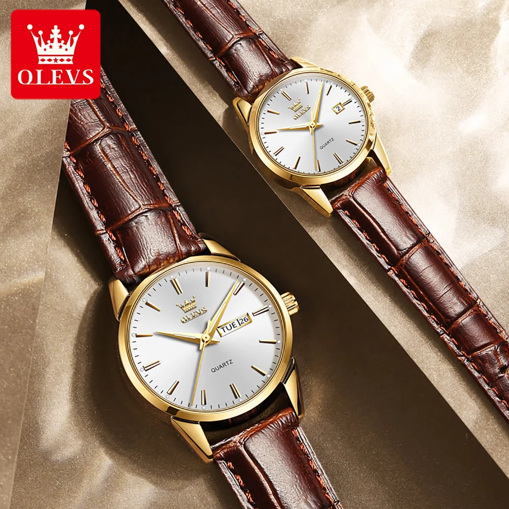 OLEVS Couple Watch Top Luxury Brand Quartz Watch Glow Waterproof Leather Fashion Watch Strap for Men and Women Couple Watch