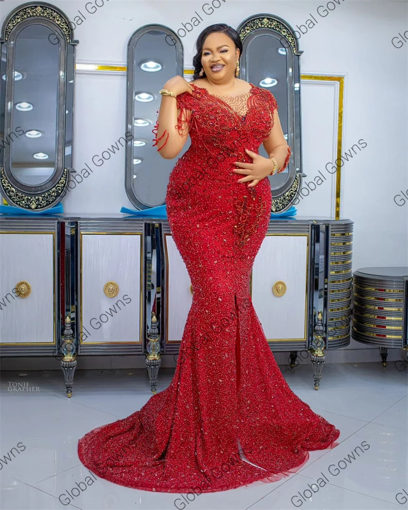 Arabic Aso Ebi Red Sheer O Neck Evening Dresses Beaded Crystals Rhinestone Chains Formal Dress Mermaid Robe De Bal