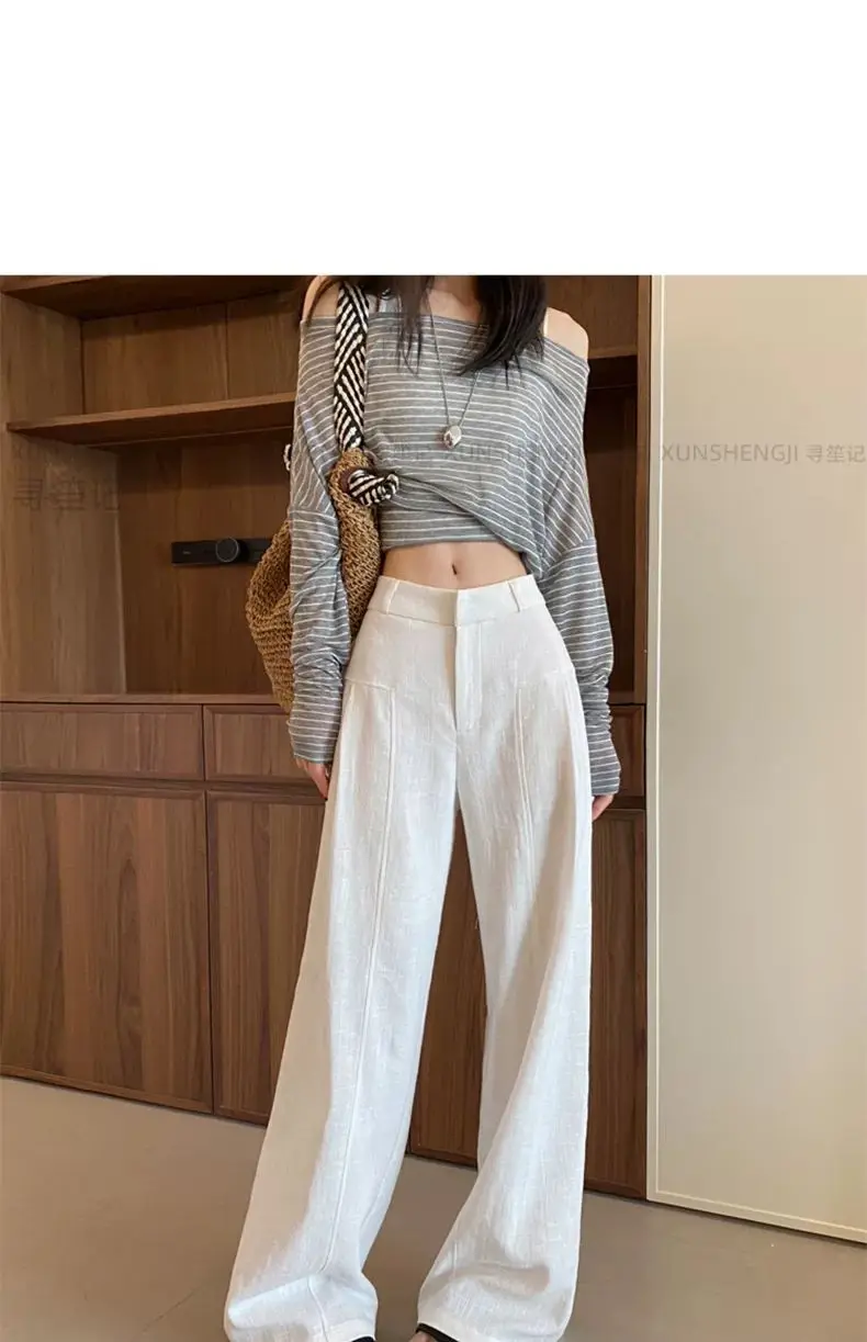 White Ramie Wide-leg Pants Women's Summer Thin High Waist Drape Old Money Style Suit Straight Sub-cotton and Linen Casual Pants