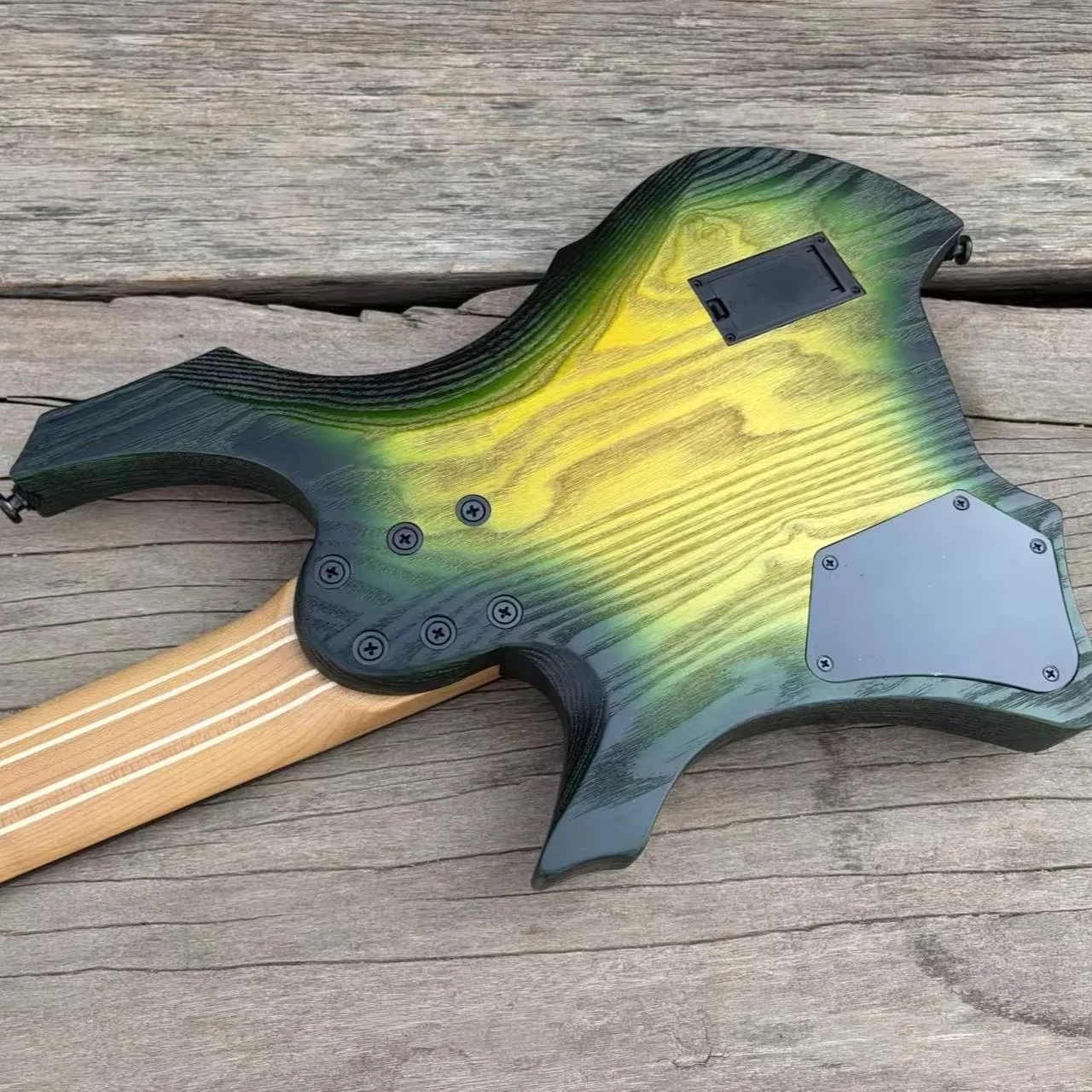 7 String Green fades Yellow Headless Electric Guitar 9 Piece Roasted Maple Neck Fanned Frets Active Pickup Ash Body Burl Maple