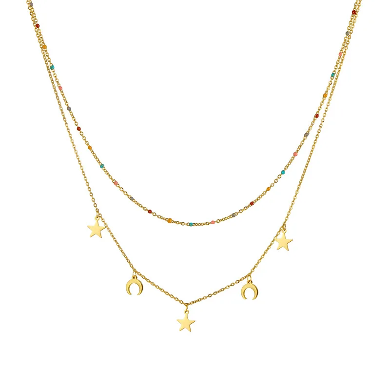 Dreamy Starry Sky, Stars, Moon, Double layered Necklace, Colorful Bead Chain Design, Beach/Vacation/Sweet Girl Accessories