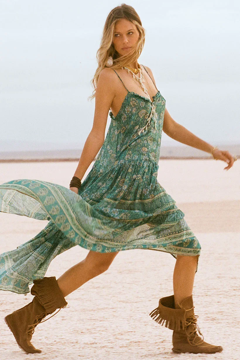 Abito lungo bohémien fluido Abbigliamento da donna taglie forti, vestito estivo con spalline floreali turchese per ballare in movimento, stile persone libere