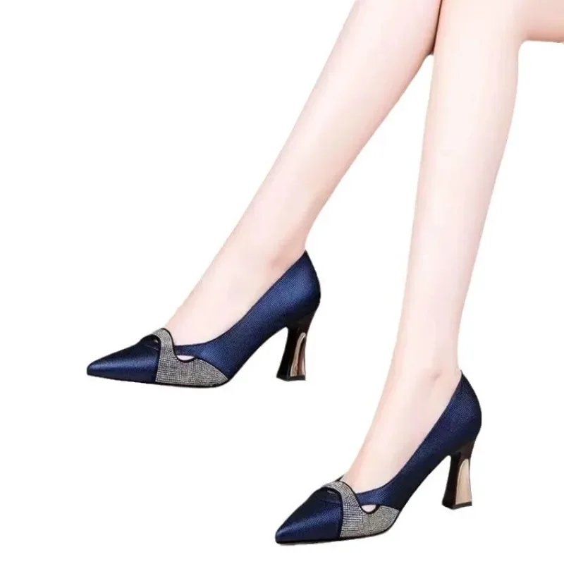 Women Classic Navy Blue Crystal Shining High Heel Shoes Lady Spring & Summer Comfort Stylish Pumps Mulheres De Salto Alto E357