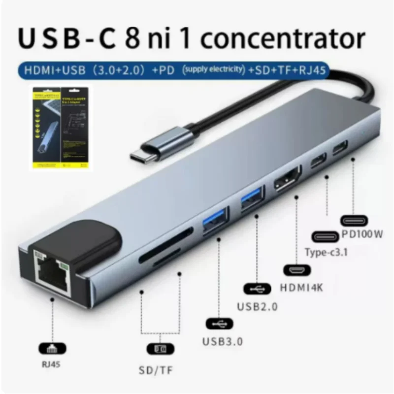 8-in-1 Type-C Expansion Dock with Network Port 4K High Definition HDMI Screen Expansion SD/TF Card Reader Multi-functional HUB