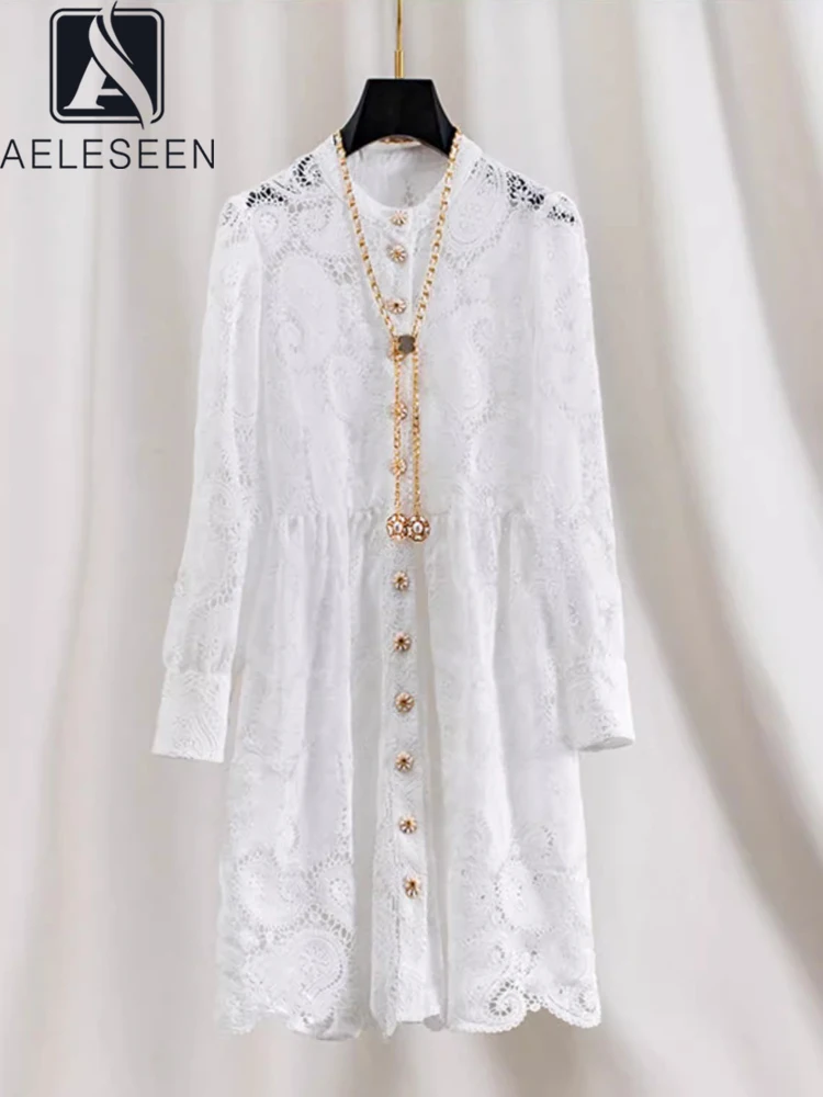 

AELESEEN Women Summer Lace Dress High Quality White Designer Fashion Lantern Sleeve Belt Pearls Hollow Out Single-Breasted Party